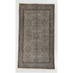 Gray Over-Dyed Vintage Handmade Turkish Accent Rug with Floral Design. 3.9 x 6.9 Ft (116 x 210 cm)