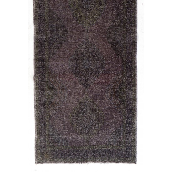 Authentic Handmade Vintage Turkish Runner Rug Overdyed in Gray Color. 4.6 x 14.2 Ft (138 x 430 cm)