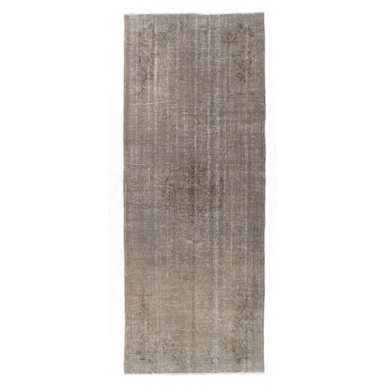 Unique Handmade Vintage Turkish Runner Rug Overdyed in Gray Color. 4.9 x 12.4 Ft (147 x 377 cm)