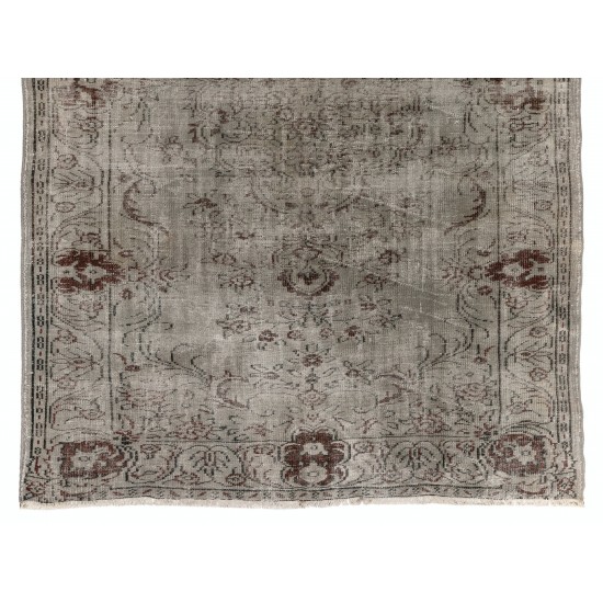 Floral Pattern Vintage Handmade Central Anatolian Rug Overdyed in Gray Color. 6.3 x 9 Ft (190 x 276 cm)