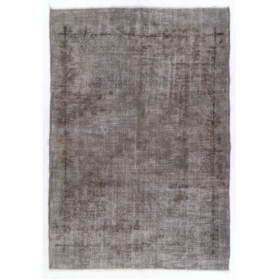 Distressed Gray Over-Dyed Rug for Contemporary Interiors. Hand-Knotted Vintage Turkish Carpet. 6.9 x 10 Ft (210 x 307 cm)