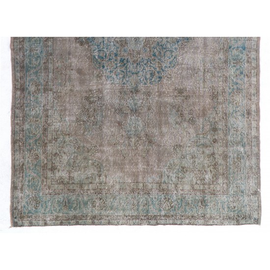 Contemporary Gray Over-Dyed Handmade Turkish Area Rug with Medallion Design. 7 x 10.5 Ft (215 x 318 cm)