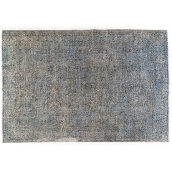 Light Blue Over-Dyed Rug for Contemporary Interiors. Hand-Knotted Vintage Turkish Carpet with Floral Design. 7.2 x 10.2 Ft (217 x 310 cm)