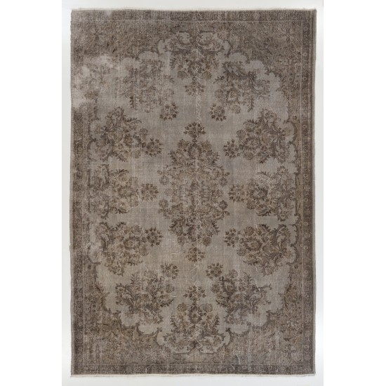 Gray Over-Dyed Rug for Contemporary Interiors. Hand-Knotted Vintage Turkish Carpet. 7.2 x 10.5 Ft (217 x 318 cm)