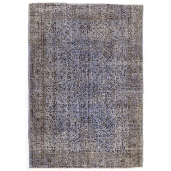 Light Blue Over-Dyed Rug for Contemporary Interiors. Hand-Knotted Vintage Turkish Carpet. 7.3 x 10.3 Ft (220 x 312 cm)