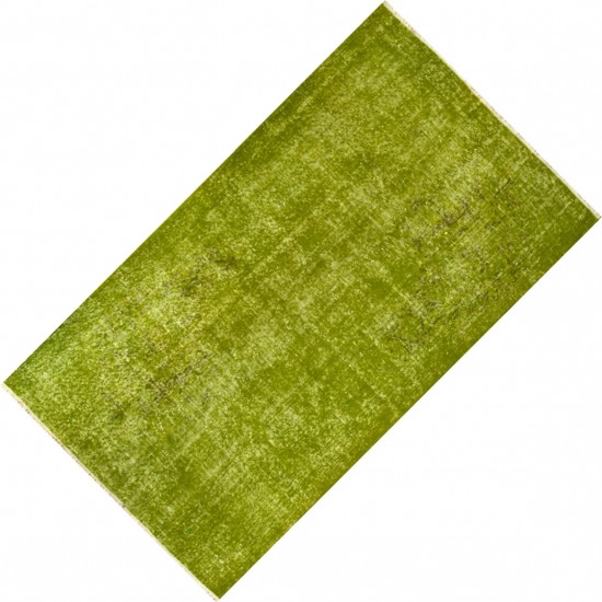 Green Overdyed Rug for Modern Home & Office. Hand-Knotted Vintage Turkish Carpet. 3.7 x 6.8 Ft (110 x 205 cm)