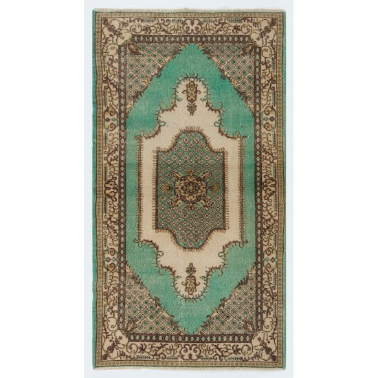 Green Overdyed Rug for Modern Home & Office. Hand-Knotted Vintage Turkish Carpet. 3.9 x 7 Ft (116 x 213 cm)