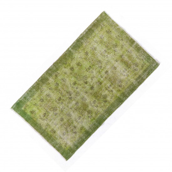Green Overdyed Rug. Floral Patterned Hand-Knotted Vintage Turkish Carpet. 4 x 7 Ft (123 x 212 cm)