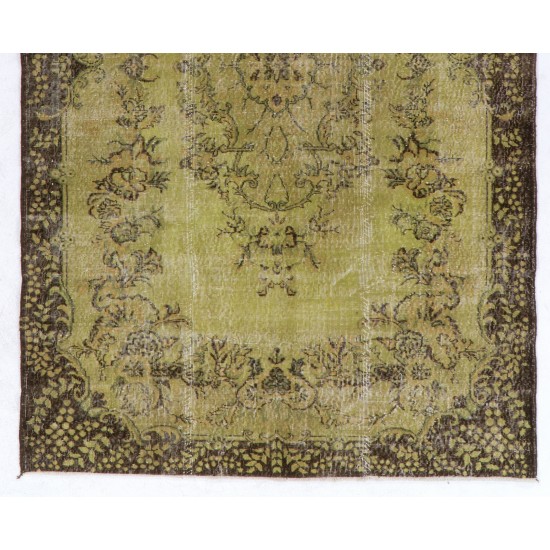 Light Green Overdyed Rug with Medallion Design. Hand-Knotted Vintage Turkish Carpet. 6.3 x 10.3 Ft (192 x 311 cm)