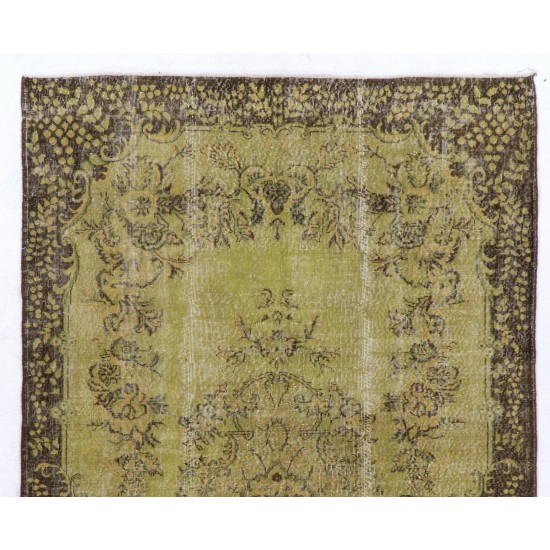 Light Green Overdyed Rug with Medallion Design. Hand-Knotted Vintage Turkish Carpet. 6.3 x 10.3 Ft (192 x 311 cm)