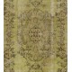 Light Green Overdyed Rug with Medallion Design. Hand-Knotted Vintage Turkish Carpet. 6.3 x 10.3 Ft (192 x 311 cm)