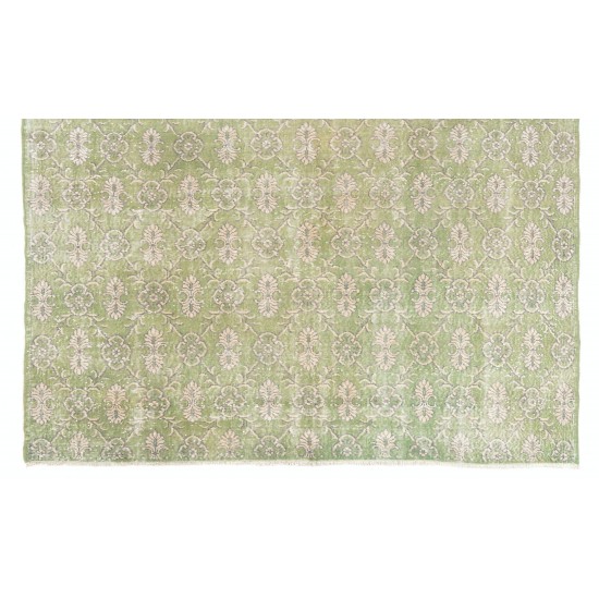 Green Overdyed Rug. Floral Patterned Hand-Knotted Vintage Turkish Carpet. 7.5 x 9 Ft (228 x 273 cm)