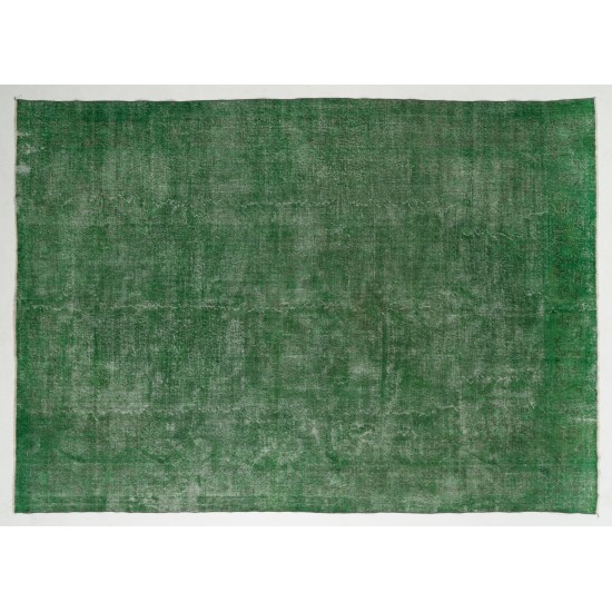 Green Overdyed Rug for Modern Home & Office. Hand-Knotted Vintage Turkish Carpet. 8.7 x 12.4 Ft (265 x 375 cm)