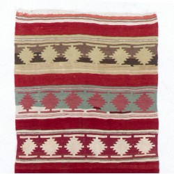 Striped & Geometric Pattern Handwoven Kilim Runner. Turkish Wool Hallway Runner. 3.4 x 10.8 Ft (102 x 328 cm)