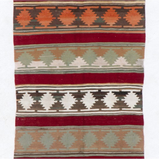 Striped & Geometric Pattern Handwoven Kilim Runner. Turkish Wool Hallway Runner. 3.4 x 10.8 Ft (102 x 328 cm)
