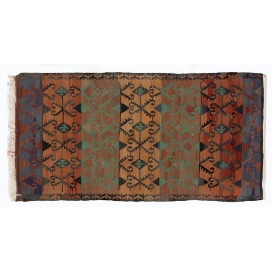 Double Sided Vintage Handmade Kilim from Turkey, Geometric Pattern Wool Rug. 3.5 x 6.2 Ft (105 x 187 cm)