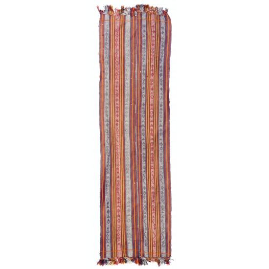 Striped Vintage Handwoven Kilim Runner. Turkish Wool Hallway Runner. 3.5 x 11.5 Ft (105 x 350 cm)