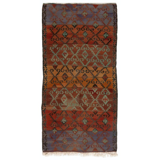 Double Sided Vintage Handmade Kilim from Turkey, Geometric Pattern Wool Rug. 3.6 x 7.3 Ft (108 x 220 cm)