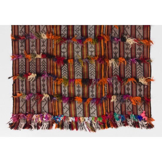Handmade Vintage Turkish Village Kilim (Flat-weave) with Wool & Cotton Poms. 3.7 x 5.2 Ft (110 x 157 cm)
