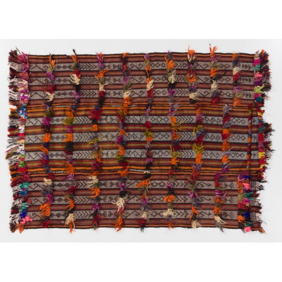 Handmade Vintage Turkish Village Kilim (Flat-weave) with Wool & Cotton Poms. 3.7 x 5.2 Ft (110 x 157 cm)