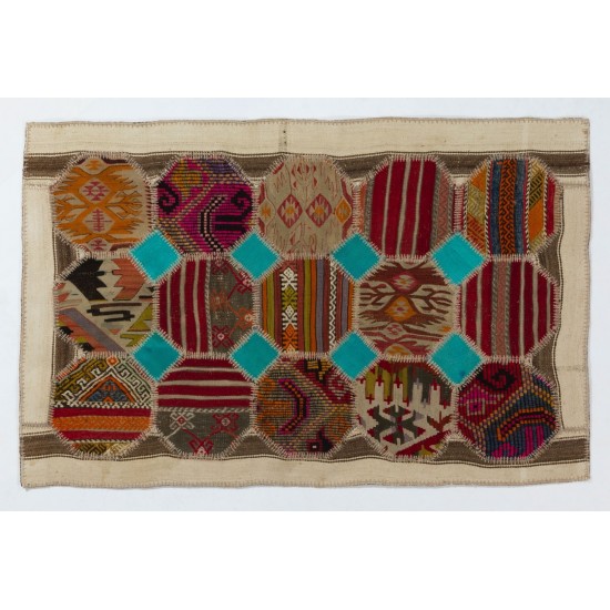 Handmade Turkish Patchwork Carpet Made from Vintage Village Kilim Rugs. 3.7 x 5.6 Ft (110 x 170 cm)