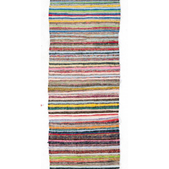 Narrow and Long Vintage Turkish Striped Cotton Runner Kilim "Flat-Weave" for Hallway Decor. 3.7 x 24.6 Ft (110 x 747 cm)