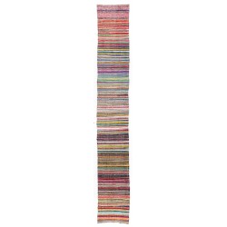 Narrow and Long Vintage Turkish Striped Cotton Runner Kilim "Flat-Weave" for Hallway Decor. 3.7 x 24.6 Ft (110 x 747 cm)