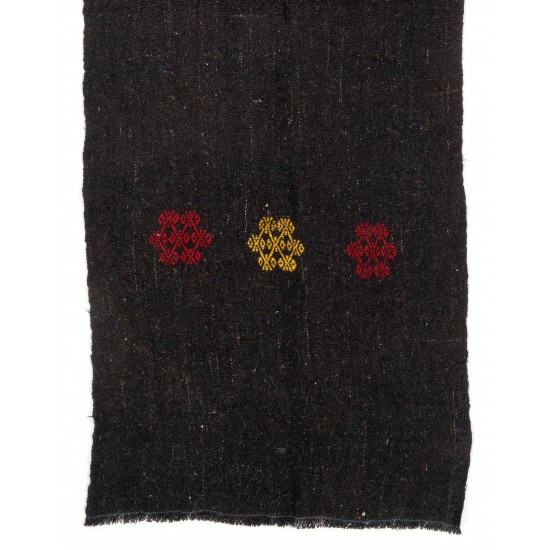 Handwoven Vintage Turkish Runner Kilim 'Flat-weave', Natural Black Goat Wool Kilim. 3.8 x 10.4 Ft (115 x 315 cm)