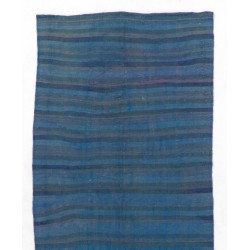 Striped Nomadic Turkish Wool Runner Kilim. Vintage Blue, Teal & Gray Color Rug. 4 x 10.5 Ft (119 x 318 cm)