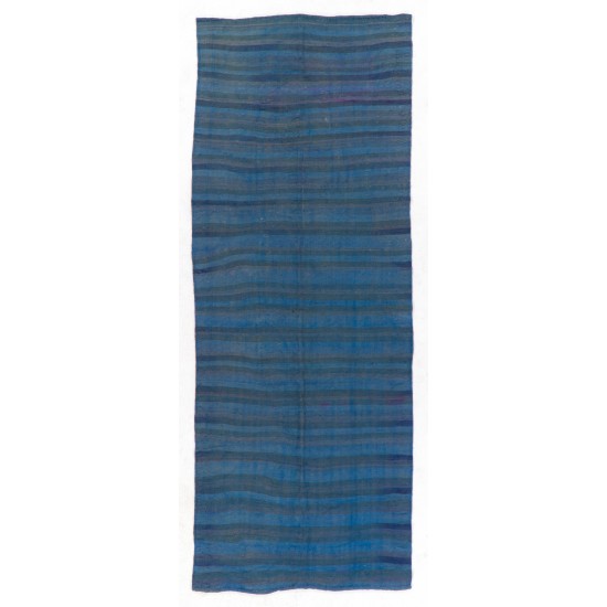 Striped Nomadic Turkish Wool Runner Kilim. Vintage Blue, Teal & Gray Color Rug. 4 x 10.5 Ft (119 x 318 cm)