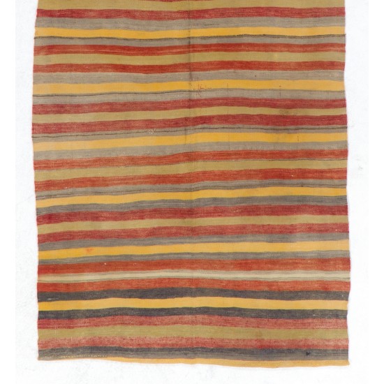 Vintage Handmade Turkish Wool Kilim "Flat-Weave" in Yellow, Red and Gray Stripes. 4 x 9.2 Ft (123 x 280 cm)