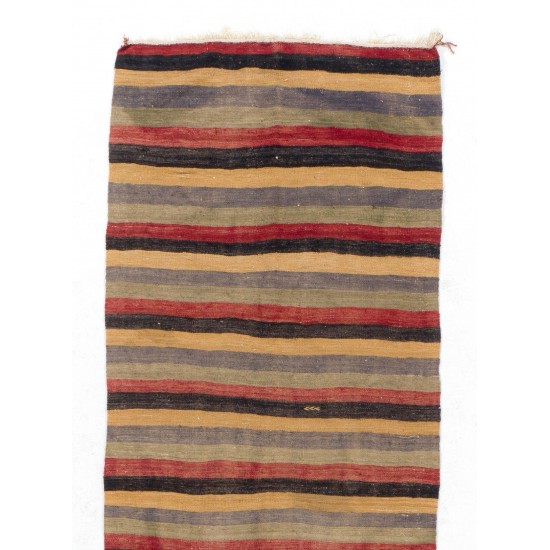 Vintage Striped Handwoven Wool Kilim Runner. Turkish Double Sided Hallway Runner. 4 x 11.9 Ft (124 x 360 cm)