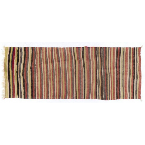 Vintage Striped Handwoven Wool Kilim Runner. Turkish Double Sided Hallway Runner. 4.2 x 11.2 Ft (125 x 340 cm)