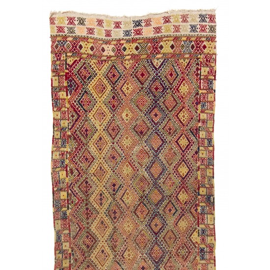 Hand-Woven Turkish "Jijim" Kilim, Flat Weave Wool Hallway Runner. 4.2 x 12.4 Ft (125 x 375 cm)