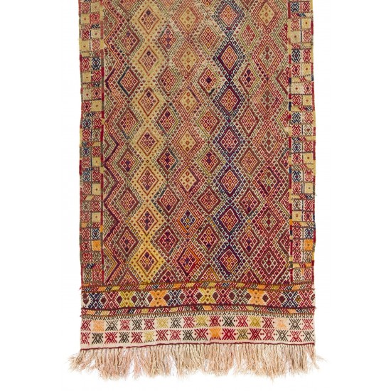 Hand-Woven Turkish "Jijim" Kilim, Flat Weave Wool Hallway Runner. 4.2 x 12.4 Ft (125 x 375 cm)
