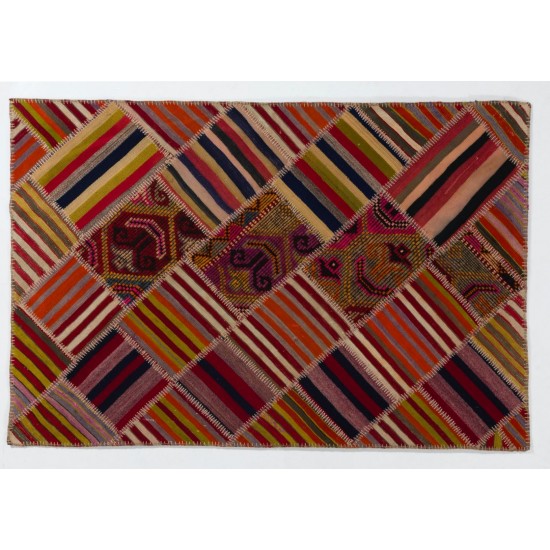 Contemporary Handmade Patchwork Kilim Rug, Flat-Weave Floor Covering. 4.2 x 6.3 Ft (126 x 190 cm)