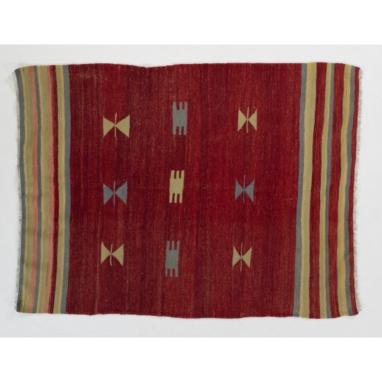 Handmade Turkish Wool Kilim Rug, Authentic Floor Covering. 4.2 x 5.5 Ft (127 x 167 cm)