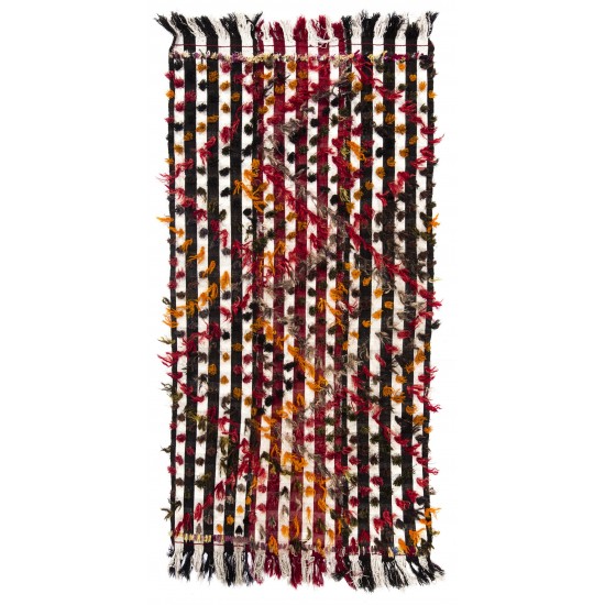Handmade Turkish Kilim Rug with Colorful Poms. Tribal Style Bed Cover & Wall Hanging. 4.2 x 8.6 Ft (127 x 260 cm)