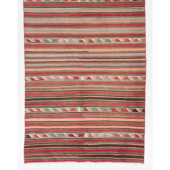 Handwoven Vintage Wool Kilim from Turkey. Striped Double Sided Hallway Runner. 4.3 x 11.4 Ft (130 x 345 cm)