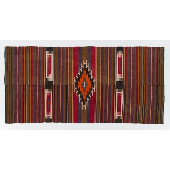 Geometric & Striped Design Turkish Kilim, Vintage Hand-Woven Rug. 4.4 x 9 Ft (132 x 273 cm)