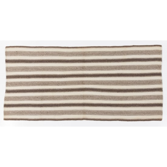 20th Century Striped Vintage Handmade Turkish Kilim Made of Natural Beige and Brown Wool. 4.4 x 9.2 Ft (133 x 278 cm)