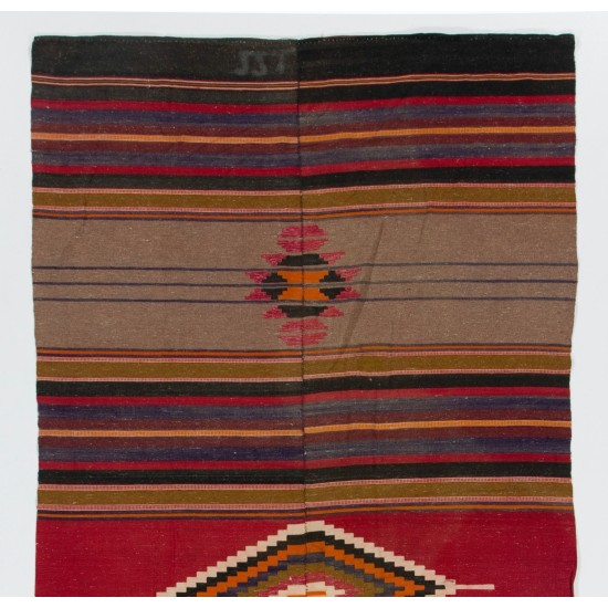 Handwoven Striped Vintage Turkish Kilim Rug. 4.4 x 9.3 Ft (133 x 283 cm)