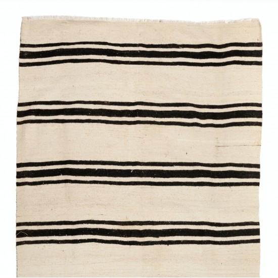 Adjustable' Banded Vintage Turkish Double Sided Wool Runner Kilim in Cream and Black Color. 4.4 x 13.8 Ft (133 x 420 cm)