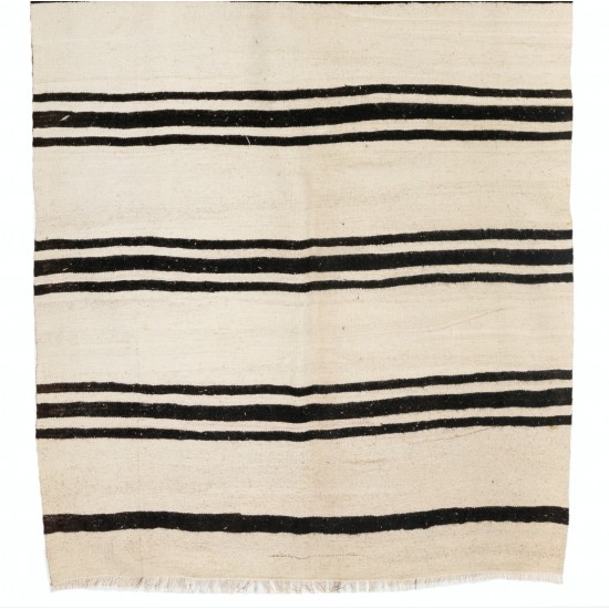 Adjustable' Banded Vintage Turkish Double Sided Wool Runner Kilim in Cream and Black Color. 4.4 x 13.8 Ft (133 x 420 cm)