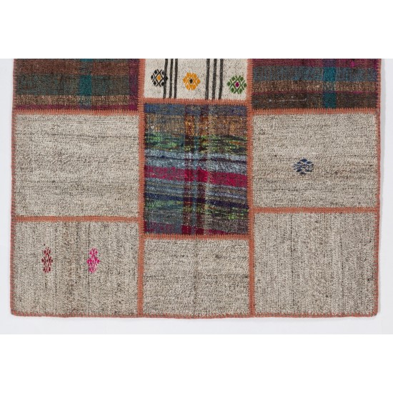 Modern Handmade Vintage Anatolian Patchwork Kilim, Custom Options Available. 4.5 x 6.3 Ft (135 x 190 cm)