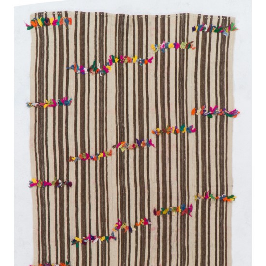 Turkish Kilim "Flat-Weave", Handwoven Vintage Rug with Striped Design. 4.5 x 11.2 Ft (135 x 340 cm)