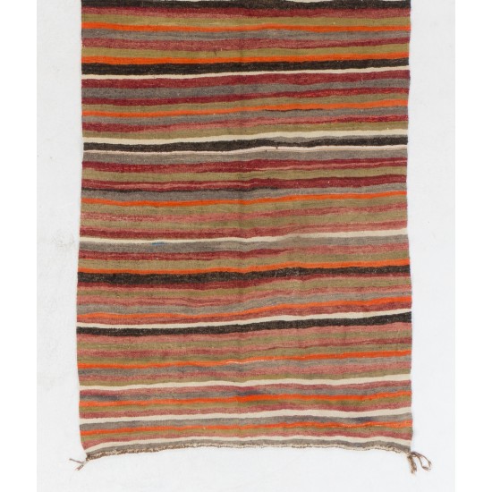 Nomadic Handwoven Vintage Turkish Wool Kilim. Striped Double Sided Hallway Runner. 4.6 x 11.4 Ft (138 x 347 cm)