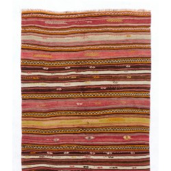 Handwoven Turkish Kilim Made of Wool, Vintage Stiped Rug. 4.6 x 7.5 Ft (140 x 228 cm)