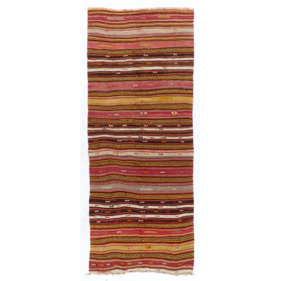 Handwoven Turkish Kilim Made of Wool, Vintage Stiped Rug. 4.6 x 7.5 Ft (140 x 228 cm)