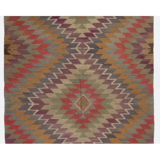 Double Sided Vintage Handmade Kilim from Turkey, Geometric Pattern Wool Rug. 4.6 x 11 Ft (140 x 333 cm)
